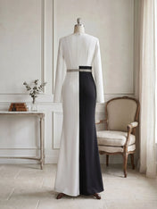 Elegant Navy & White Color-Block Long Sleeve Floor-Length Evening Gown Formal Dresses