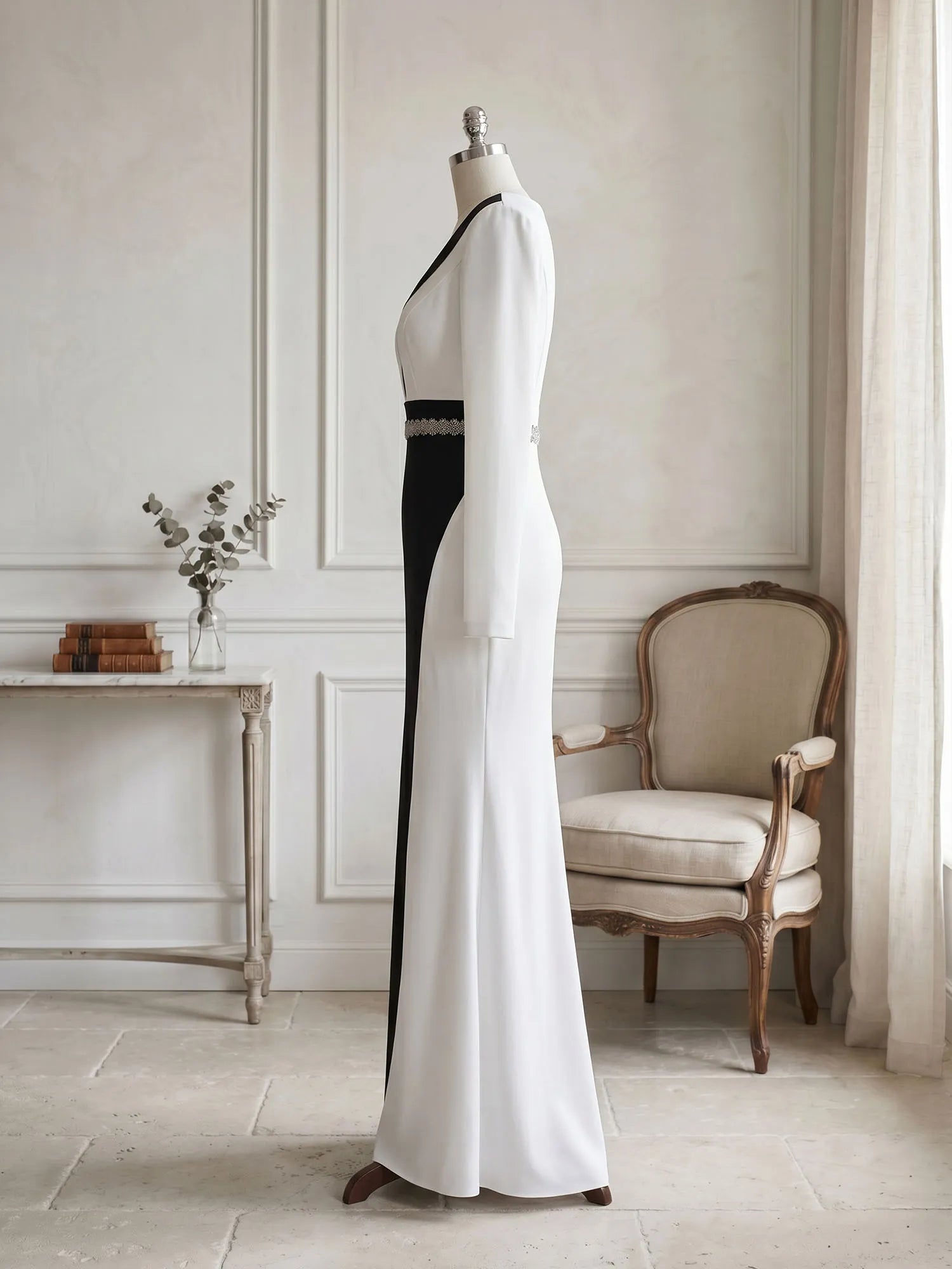 Elegant Navy & White Color-Block Long Sleeve Floor-Length Evening Gown Formal Dresses