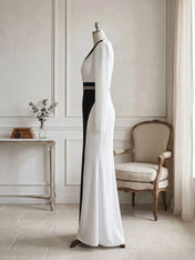 Elegant Navy & White Color-Block Long Sleeve Floor-Length Evening Gown Formal Dresses