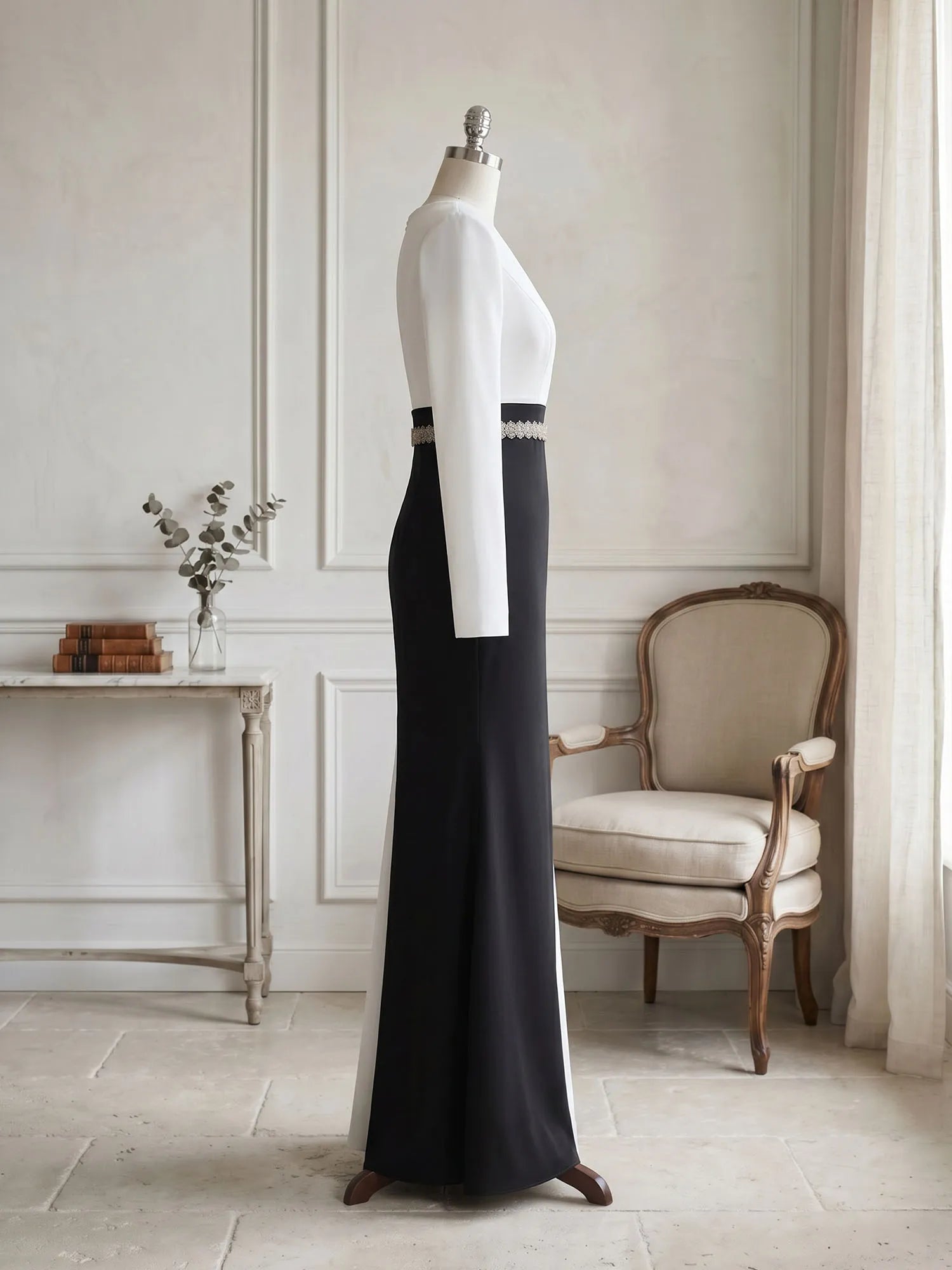 Elegant Navy & White Color-Block Long Sleeve Floor-Length Evening Gown Formal Dresses