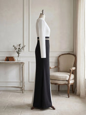 Elegant Navy & White Color-Block Long Sleeve Floor-Length Evening Gown Formal Dresses
