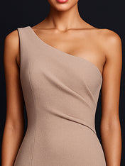 Elegant One Shouder Mermaid Ruched Long Satin Formal Dress