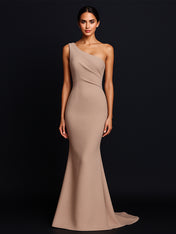 Elegant One Shouder Mermaid Ruched Long Satin Formal Dress