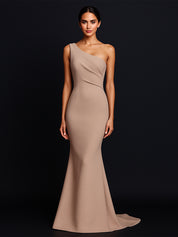 Elegant One Shouder Mermaid Ruched Long Satin Formal Dress