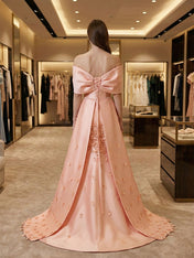 Elegant Peach Satin Off-the-Shoulder 3D Floral Prom Dress