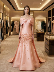 Elegant Peach Satin Off-the-Shoulder 3D Floral Prom Dress
