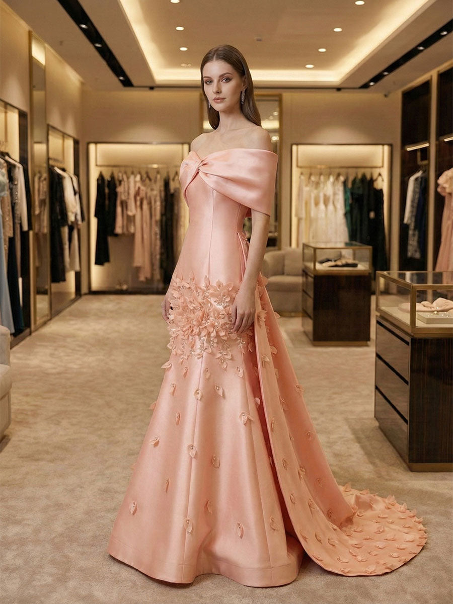 Elegant Peach Satin Off-the-Shoulder 3D Floral Prom Dress