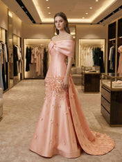 Elegant Peach Satin Off-the-Shoulder 3D Floral Prom Dress