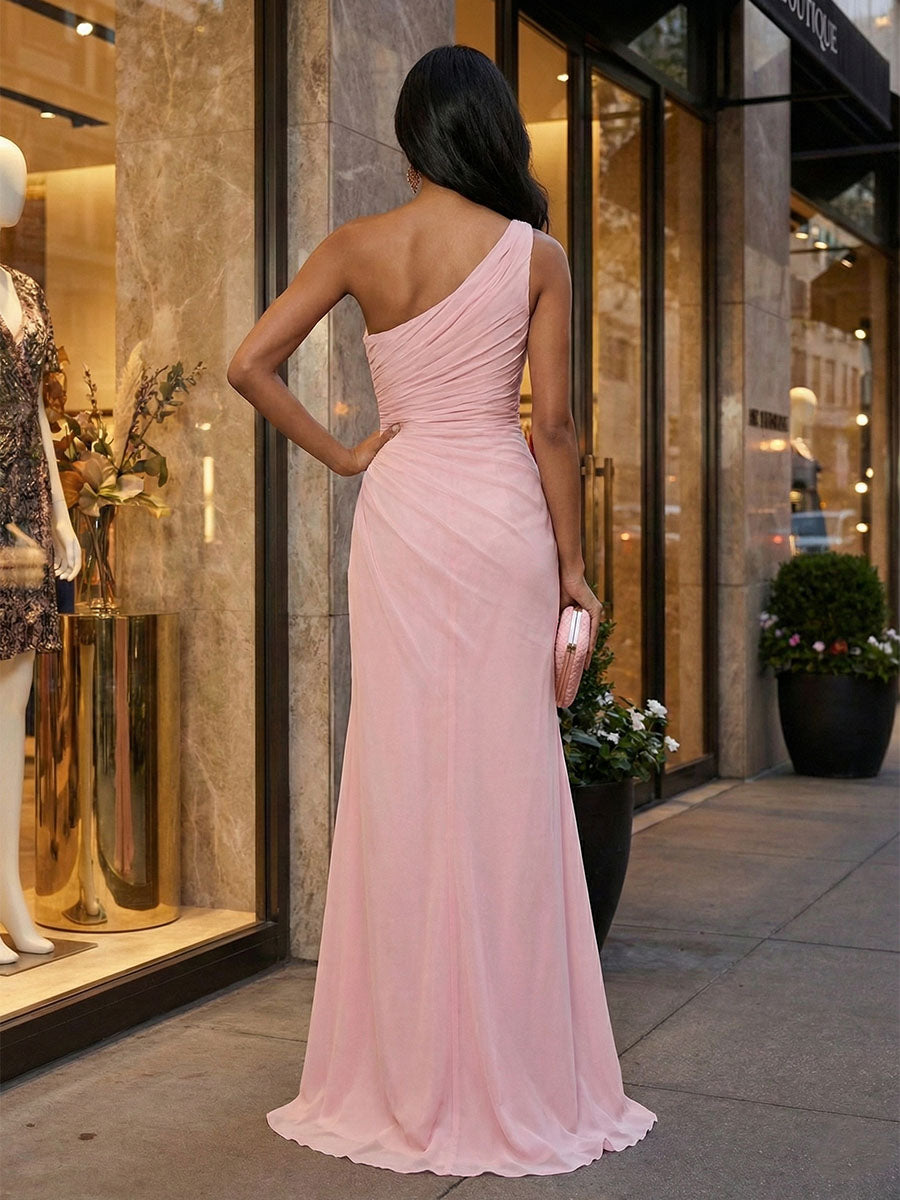 Elegant Pink One-Shoulder Ruched Chiffon Slit Gown