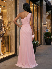 Elegant Pink One-Shoulder Ruched Chiffon Slit Gown