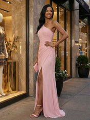 Elegant Pink One-Shoulder Ruched Chiffon Slit Gown