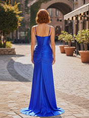 Elegant Ruched Bodice Satin Corset Prom Dress with Slit