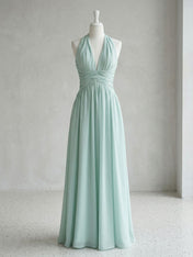 Elegant Sage Green Halter Chiffon Maxi Gown