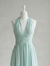 Elegant Sage Green Halter Chiffon Maxi Gown