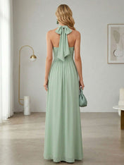 Elegant Sage Green Halter Chiffon Maxi Gown