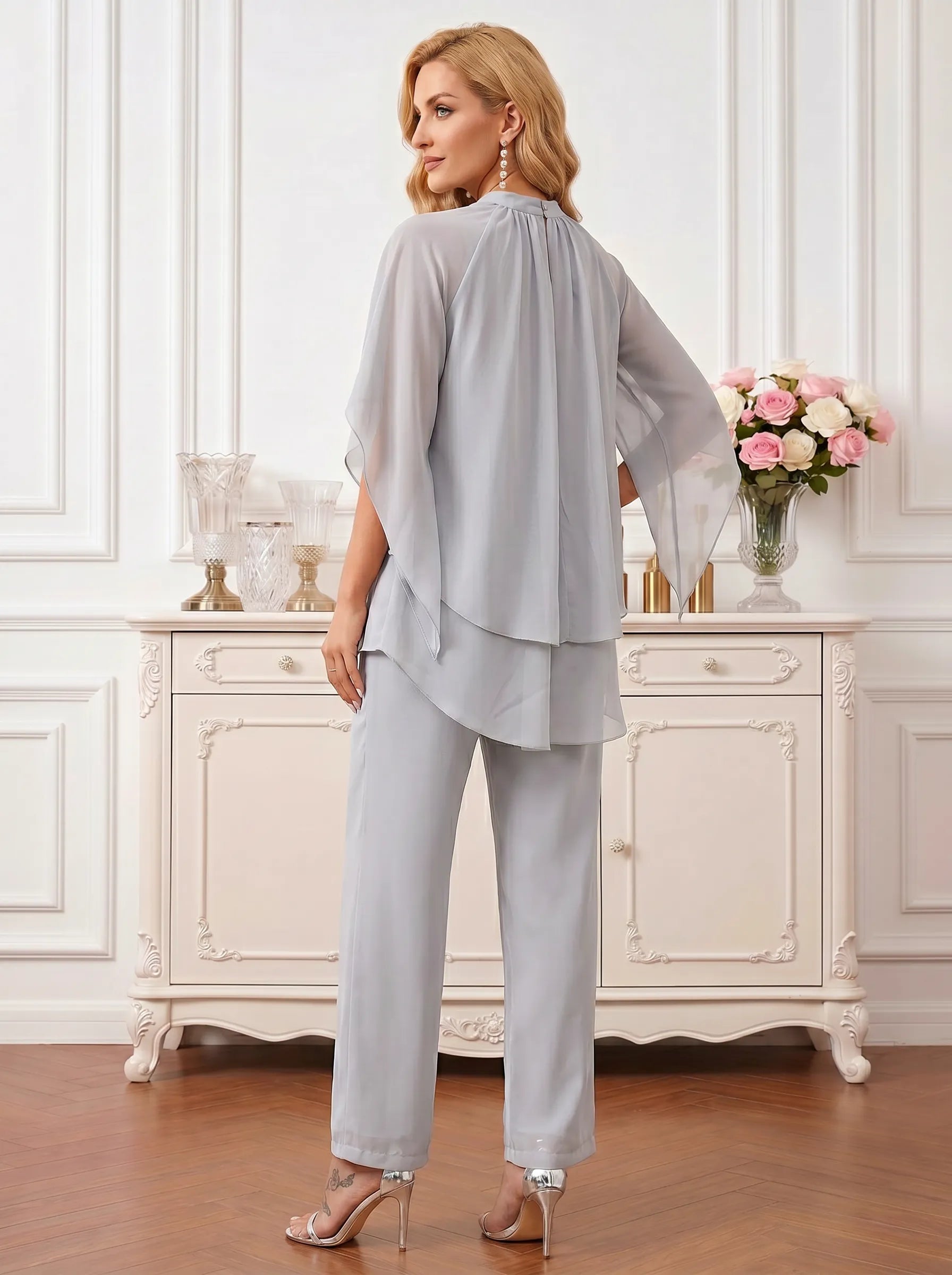 Elegant Silver Grey High-Neck Layered Chiffon Pant Suit with Bell Sleeves Mother of the Bride Pant Set