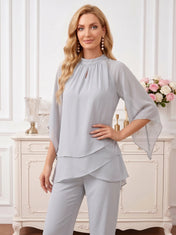 Elegant Silver Grey High-Neck Layered Chiffon Pant Suit with Bell Sleeves Mother of the Bride Pant Set