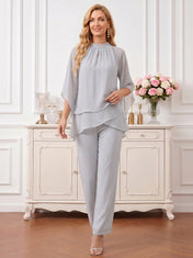 Elegant Silver Grey High-Neck Layered Chiffon Pant Suit with Bell Sleeves Mother of the Bride Pant Set