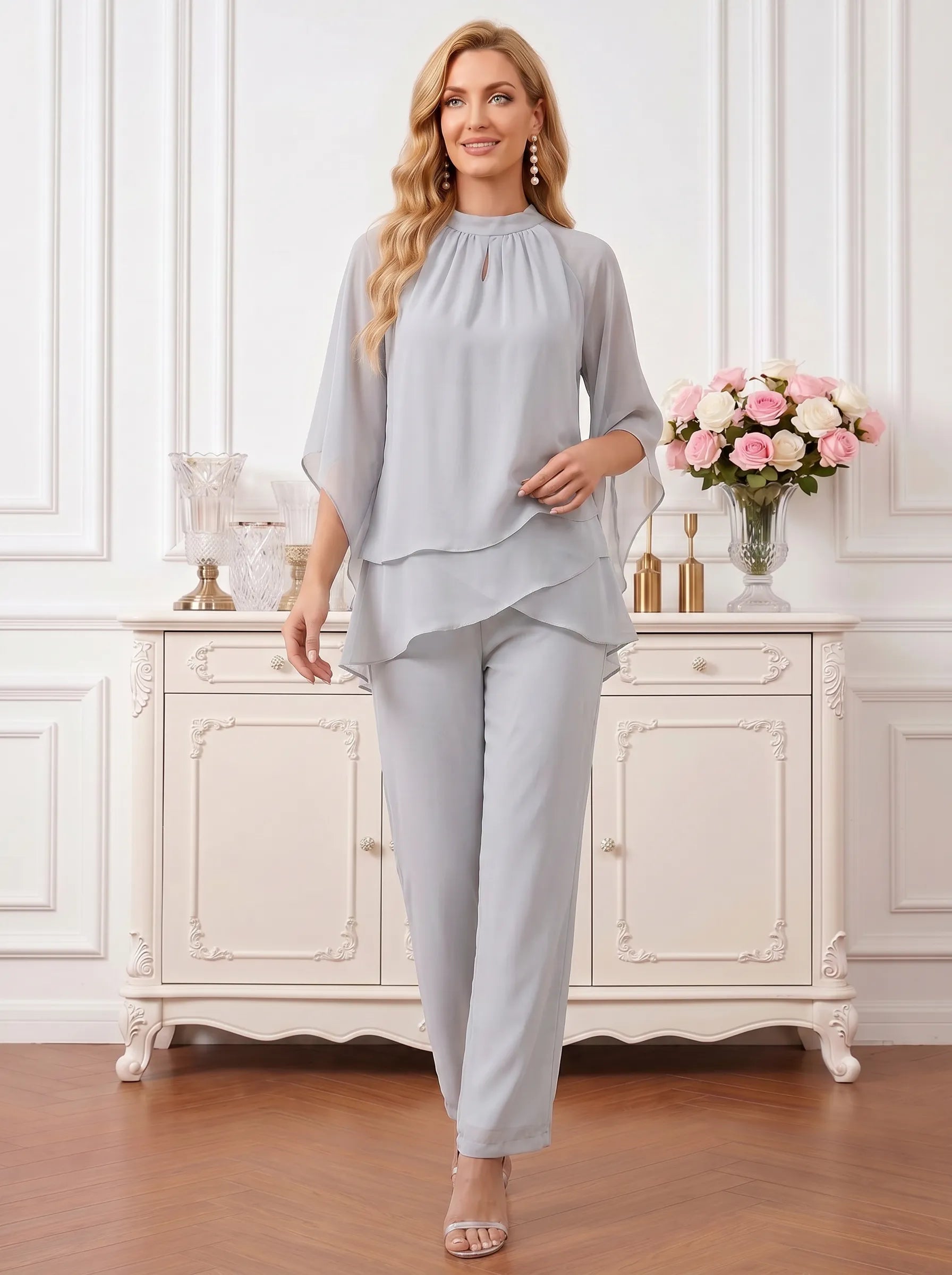 Elegant Silver Grey High-Neck Layered Chiffon Pant Suit with Bell Sleeves Mother of the Bride Pant Set