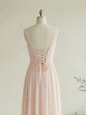 Elegant Soft Blush Twist-Front Chiffon Maxi Gown