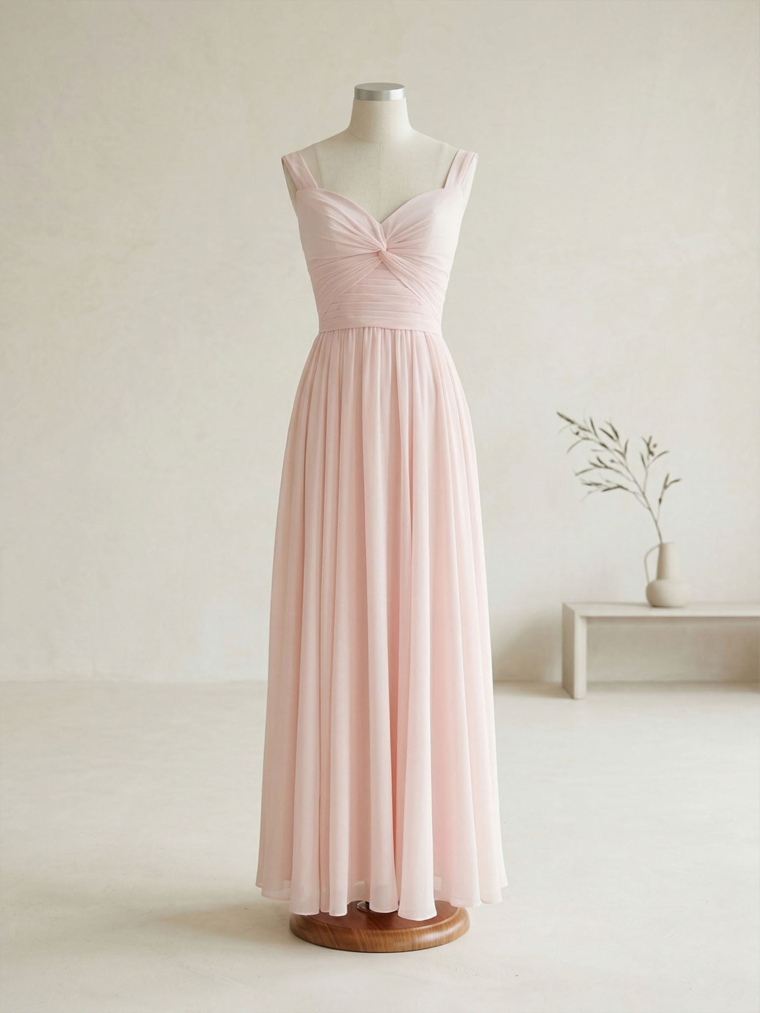 Elegant Soft Blush Twist-Front Chiffon Maxi Gown