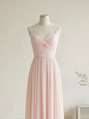 Elegant Soft Blush Twist-Front Chiffon Maxi Gown