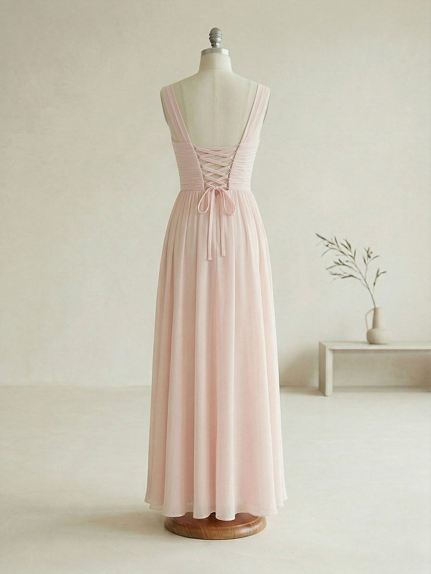Elegant Soft Blush Twist-Front Chiffon Maxi Gown