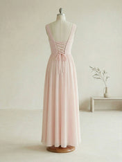 Elegant Soft Blush Twist-Front Chiffon Maxi Gown