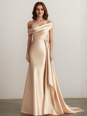 Elegant Champagne Off the Shoulder Long Formal Dress with Side Cape