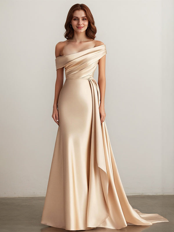 Elegant Champagne Off the Shoulder Long Formal Dress with Side Cape
