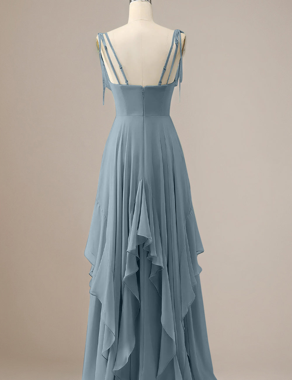 Elegant Dusty Blue A Line Spaghetti Straps Chiffon Long Bridesmaid Dress with Ruffles