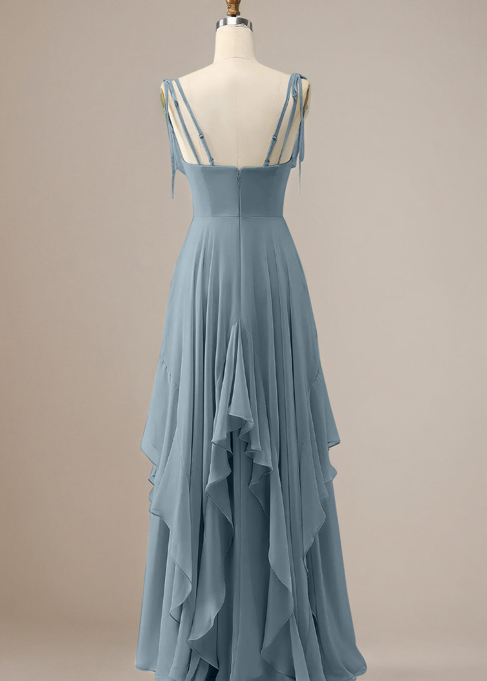 Elegant Dusty Blue A Line Spaghetti Straps Chiffon Long Bridesmaid Dress with Ruffles