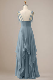 Elegant Dusty Blue A Line Spaghetti Straps Chiffon Long Bridesmaid Dress with Ruffles
