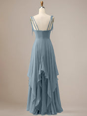 Elegant Dusty Blue A Line Spaghetti Straps Chiffon Long Bridesmaid Dress with Ruffles