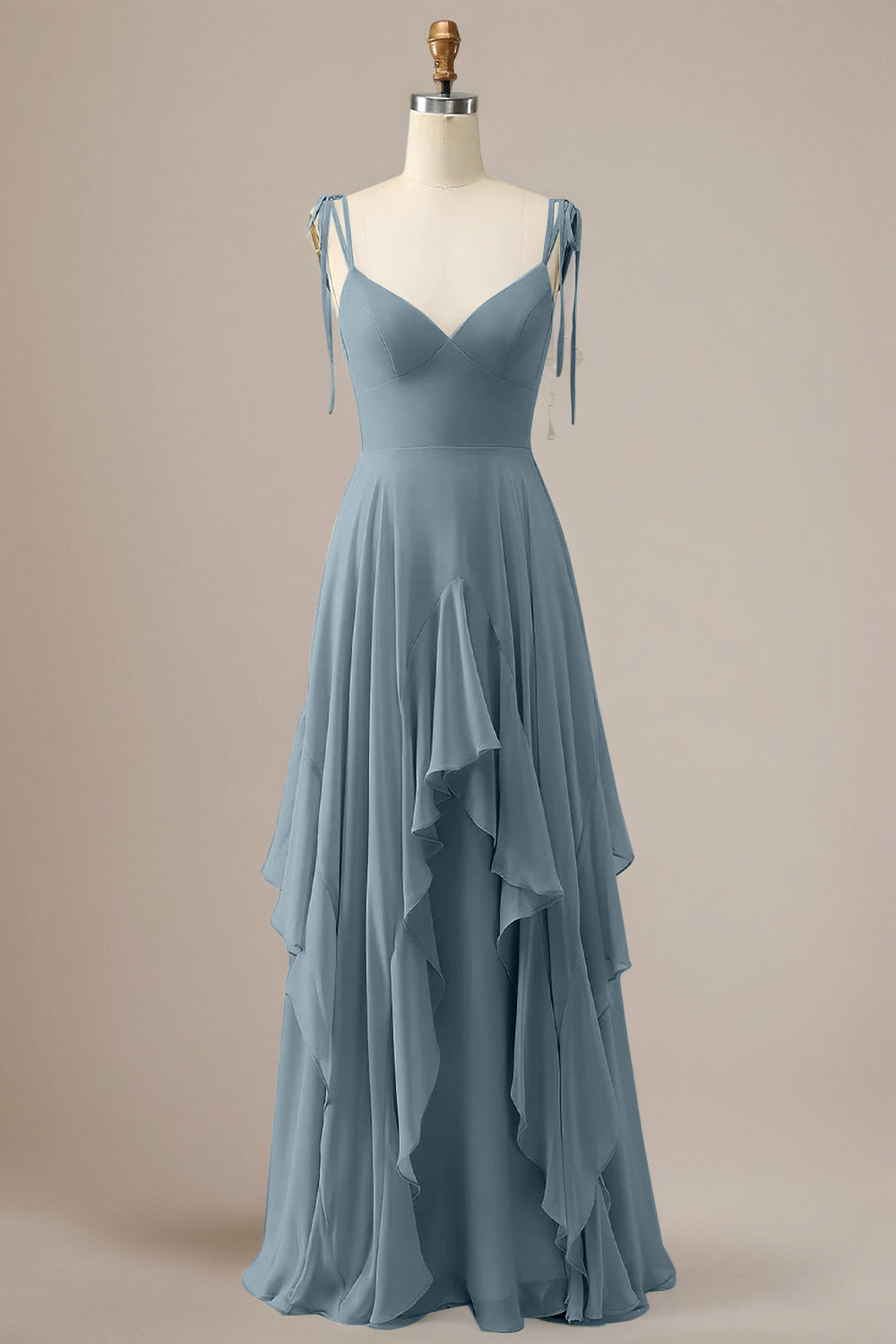 Elegant Dusty Blue A Line Spaghetti Straps Chiffon Long Bridesmaid Dress with Ruffles