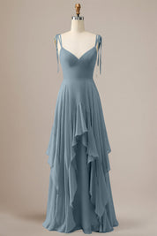 Elegant Dusty Blue A Line Spaghetti Straps Chiffon Long Bridesmaid Dress with Ruffles
