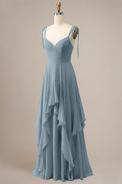 Elegant Dusty Blue A Line Spaghetti Straps Chiffon Long Bridesmaid Dress with Ruffles