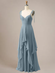 Elegant Dusty Blue A Line Spaghetti Straps Chiffon Long Bridesmaid Dress with Ruffles