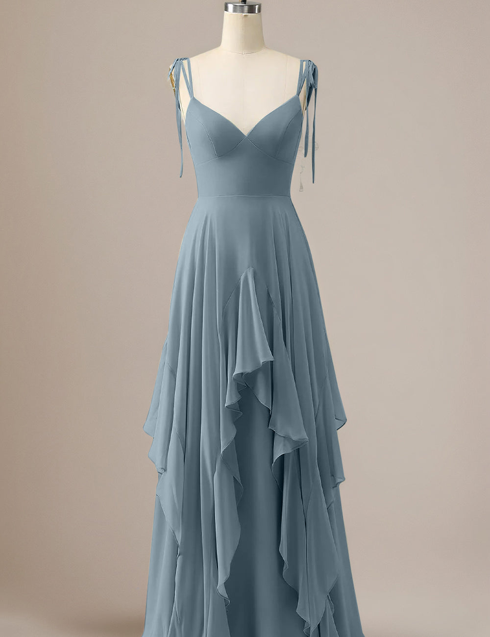 Elegant Dusty Blue A Line Spaghetti Straps Chiffon Long Bridesmaid Dress with Ruffles