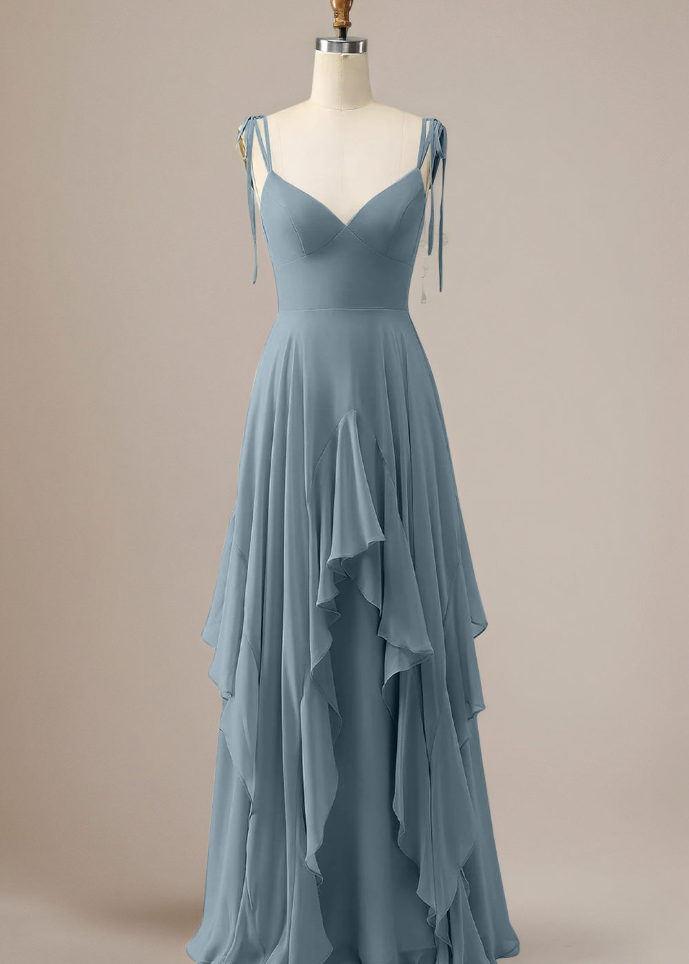 Elegant Dusty Blue A Line Spaghetti Straps Chiffon Long Bridesmaid Dress with Ruffles
