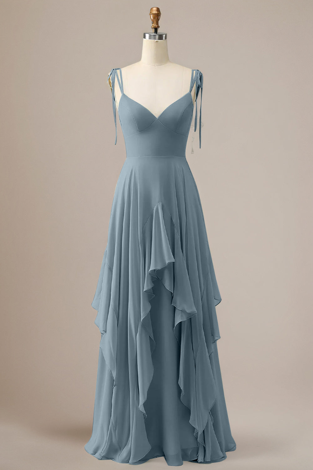 Elegant Dusty Blue A Line Spaghetti Straps Chiffon Long Bridesmaid Dress with Ruffles