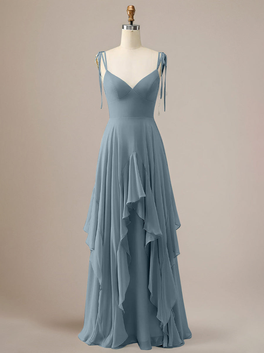 Elegant Dusty Blue A Line Spaghetti Straps Chiffon Long Bridesmaid Dress with Ruffles