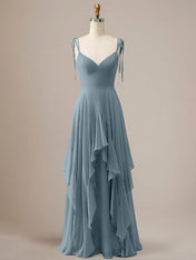Elegant Dusty Blue A Line Spaghetti Straps Chiffon Long Bridesmaid Dress with Ruffles