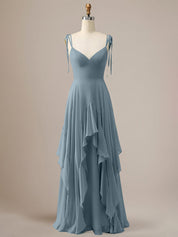 Elegant Dusty Blue A Line Spaghetti Straps Chiffon Long Bridesmaid Dress with Ruffles