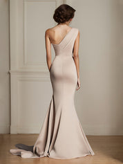 Elegant Khaki One Shouder Mermaid Ruched Long Satin Formal Dress