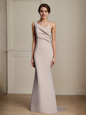 Elegant Khaki One Shouder Mermaid Ruched Long Satin Formal Dress