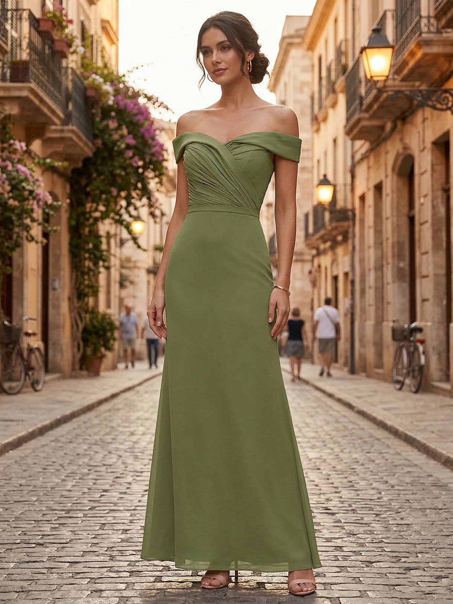 Elegant Olive Green Off-the-Shoulder Ruched Maxi Dress Gown