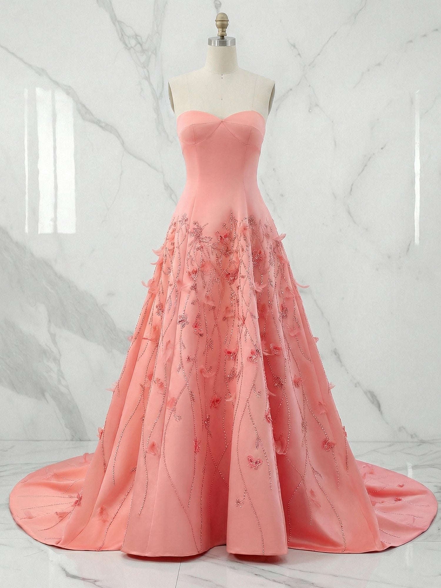 Pink Satin Strapless Long Prom Dress with Floral Vines