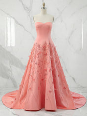 Pink Satin Strapless Long Prom Dress with Floral Vines