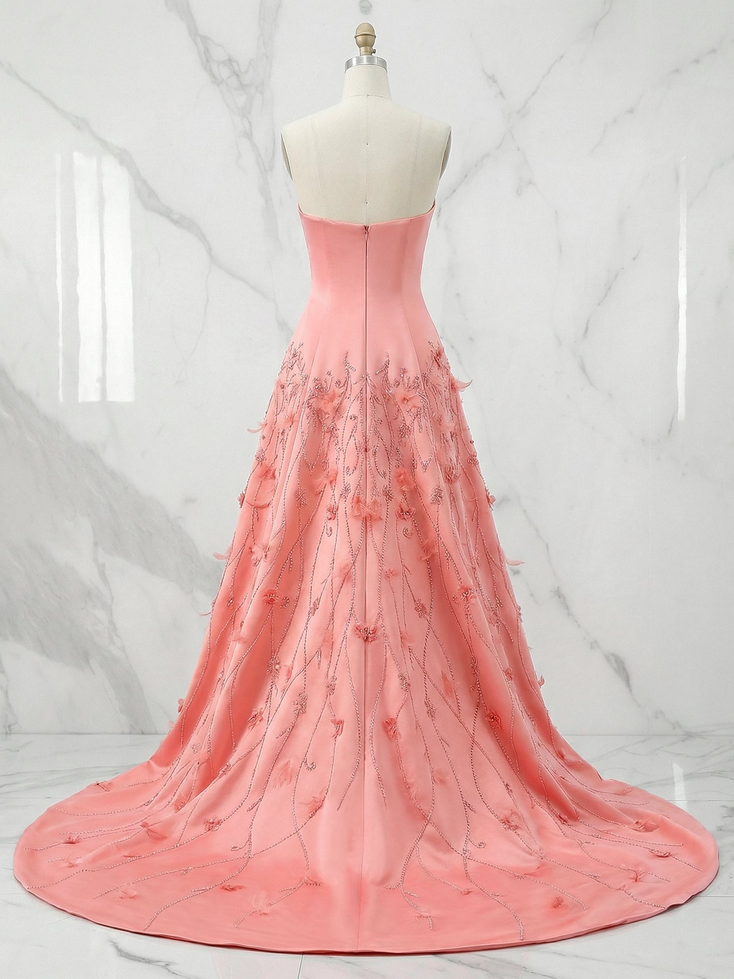 Pink Satin Strapless Long Prom Dress with Floral Vines